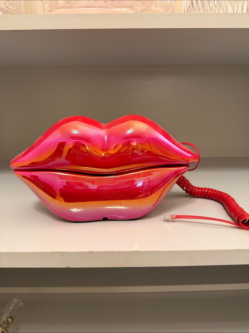 Retro Novelty Lip-Shaped Corded Telephone in Iridescent Pink-Red from 1980s